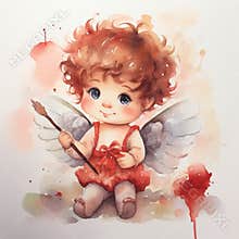 Painted cute cupid with hearts and arrows