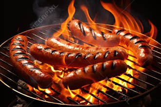 Mouth-watering image of hot dogs grilling on barbecue with flames in background. Perfect for illustrating summer cookout