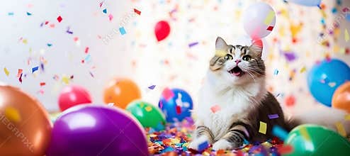 Merry holiday with a cat on a background with balloons and confetti