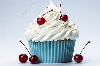 delicious cupcake with cream and cherry. Christmas cupcake. free space