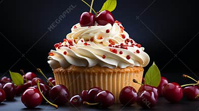 delicious cupcake with cream and cherry. Christmas cupcake. free space