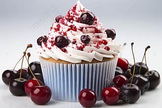 delicious cupcake with cream and cherry. Christmas cupcake. free space