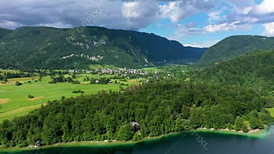 Aerial view of Stara fuzina village in Slovenia in Julian Alps. Popular touristic destination in Slovenia