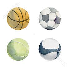 Hand drawn watercolor sports gear equipment, balls for tennis, football soccer, basketball, volleyball. Illustration