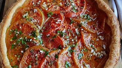 Puff pastry pie tart with tomato. Close up. Top view
