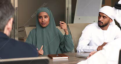 Somalian businesslady in hijab hold formal meeting with company investors