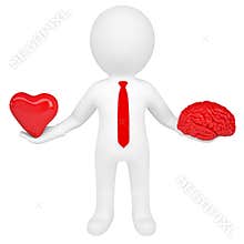 3d man holding a heart and a brain