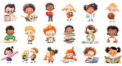 Collection of cute school kids. Education clipart. Mathe, drawing, chemistry, sports, reading, writing, geography.