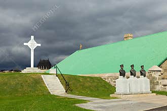 The Vimy memorial cross, three bronze monuments and the chapel seen in the grounds of the Citadelle of Quebec