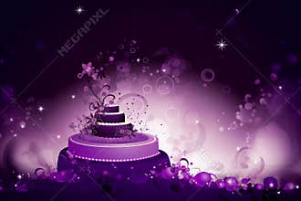 Happy Birthday card with cake, in purple colors. Graphic. AI generative