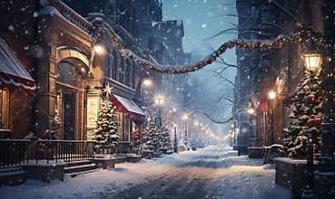 Christmas decorated street of the big city. The street in the city is covered with lots of snow.