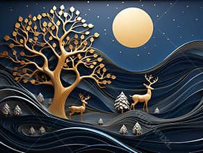 Christmas card with a large golden tree in a dark blue hilly valley and a golden moon.