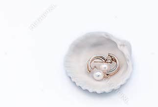 Pair of golden earrings with pearls lying inside of the sea shell