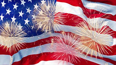 American USA Flag Waving with Fireworks Loop Animation Background.