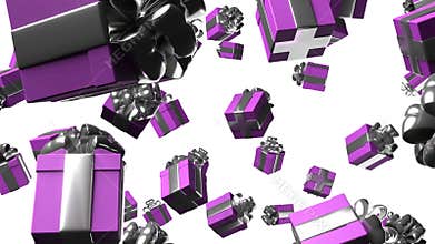 Purple gift box with silver ribbon bow on white background.