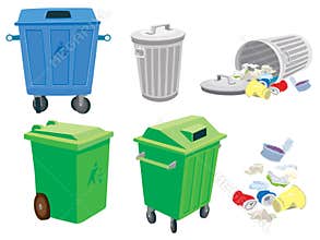 Rubbish and garbage cans and a basket