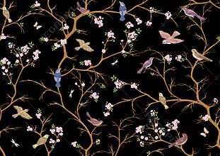 Cherry blossom branches against the sky with sparrow