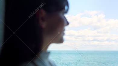 Ceo woman silhouette smiling panoramic marine view. Lady watching waterscape
