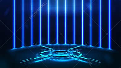 Blue digital hologram of podium with digital rings and cross in dark room with wall of line vertical neon lamps on background
