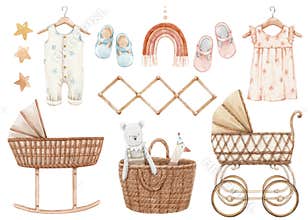 Beautiful stock baby illustration with very cute hand drawn watercolor boys wardrobe rompers and basket of toys.