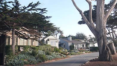 Suburban street, residential district, houses or homes, California architecture.