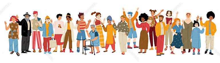 People crowd, diverse characters waving hand