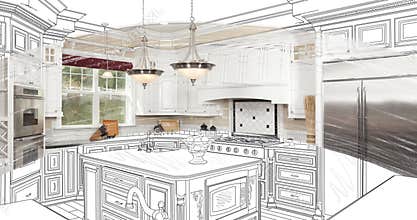 Paint Brush to Reveal Before and After of Concept Line Drawing Design to Finished Kitchen Remodel