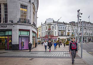 CORK, IRELAND. APRIL 04, 2022. St. Patrick Street. Old city center. Shops and restaurants