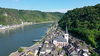 View over the town of Oberwesel, Upper middle Rhine Valley, Germany. Oberwesel town and Church of Our Lady, Middle Rhine, Germany