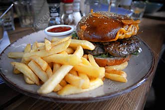 Burger with French fries
