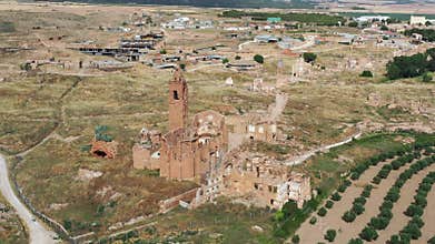 A view of the remains of the old town of Belchite, Spain, destroyed during the Spanish Civil War and abandoned from then, highligh