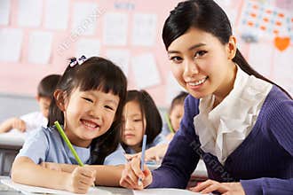 Helping Student Work At Desk In Chinese School