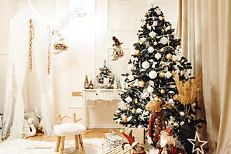 Stylish christmas living room interior with curved furniture,