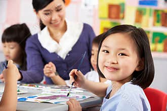 Female Pupil Enjoying Art Class In Chinese School