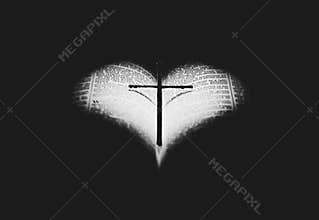 The Holy Word, the Bible and the cross and heart of Jesus Christ
