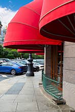 Red awnings or canopies of prestigious restaurant in Sain Petersburg. Russia