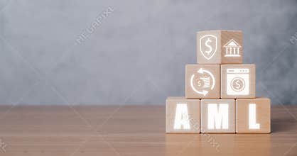 Anti Money Laundering Financial Bank Business Concept, Wooden cube block with AML icon with copy space