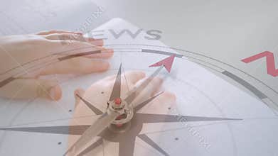 Animation of compass with text over caucasian child reading braille
