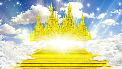 Golden stairs through the clouds to the beautiful golden kingdom of heaven. 3d renders