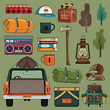 Camping adventure clipart set. Summer hiking and outdoors collection with camp car, backpack, axe, beer and other
