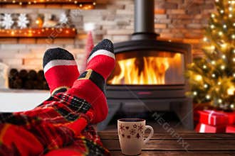 Christmas holiday mood relaxing in front of cozy fireplace and enjoying cup of hot chocolate