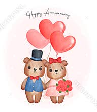 Watercolour cute two couple Wedding brown teddy bears in groom and bride, happy anniversary, cartoon character hand drawing