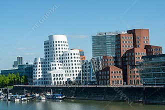 Gehry Buildings Dusseldorf, unique architecture of star architect Frank O. Gehry, commissioned in 1994, Medienhafen,