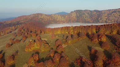 Aerial autumn view above a volcanic mountain lake crater