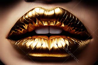 Close-up portrait of woman with golden lipstick.