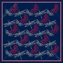 Square pattern with dragonfly and butterfly. Scarf pattern. Bandana. Vector.