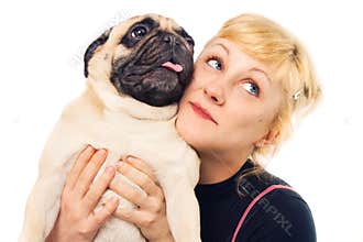 Cute blonde hugging a pug