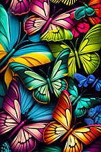 Bunch of colorful butterflies on black background with blue sky in the background. Generative AI