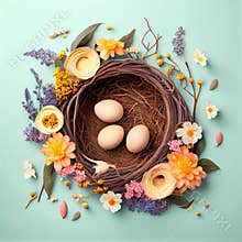 Easter eggs in nest top view with copy space on a turquoise background, happy easter concept. Generative AI