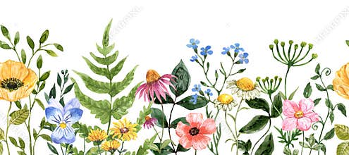 Floral border. Watercolor illustration features assorted wildflowers, grass, greenery. Colorful flowers painting. Botanical frame